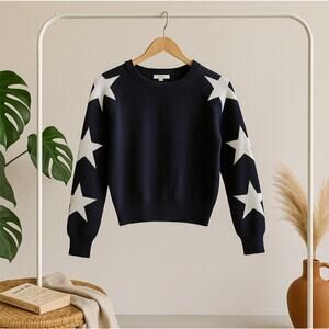 BaeVely Sweater Navy with white stars, Womens XSmall. Boho knit patriotic
